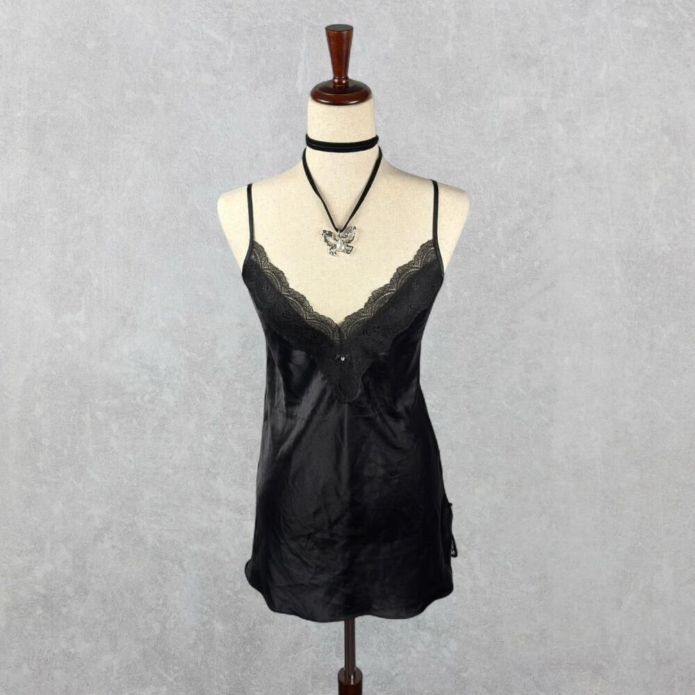 Mid 2010s Victoria’s Secret Black Satin Lace Trim Bust Slip Dress